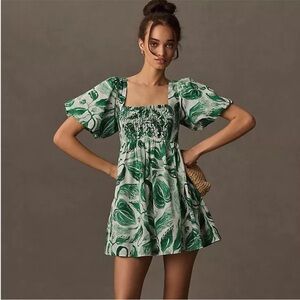 MAEVE Yukiko Noritake Square-Neck Smocked Babydoll Dress Small